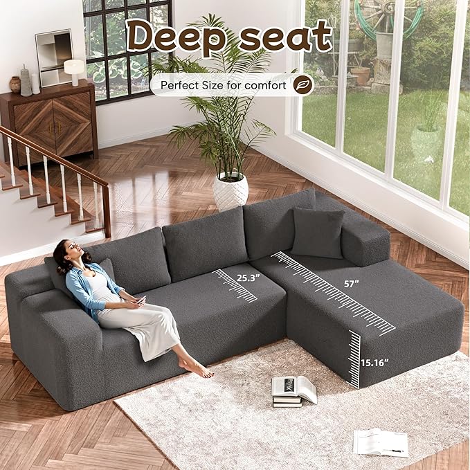 L-Shape Cloud Sectional Sofa, 104” Modern Modular Boneless Couch with Left Chaise Lounge, Compressed Floor Sofa with 5 Pillows & Deep Seat, Rain Drop Velvet Couch for Living Room, Dark Gray