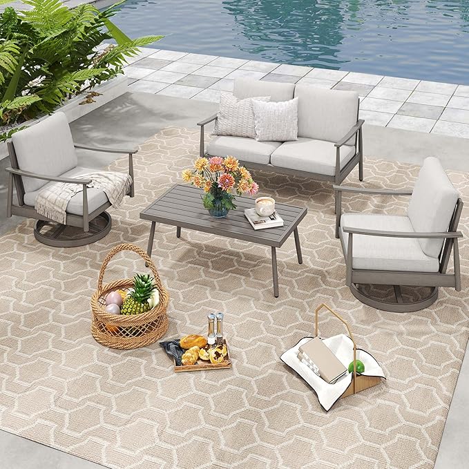 HAPPATIO Patio Outdoor Furniture Set - 4 Piece Aluminum Patio Conversation Set with 1 Coffee Table, 2 Swivel Chairs and 1 Loveseat, Aluminum Outdoor Furniture Set for Backyard Deck Poolside (Grey)