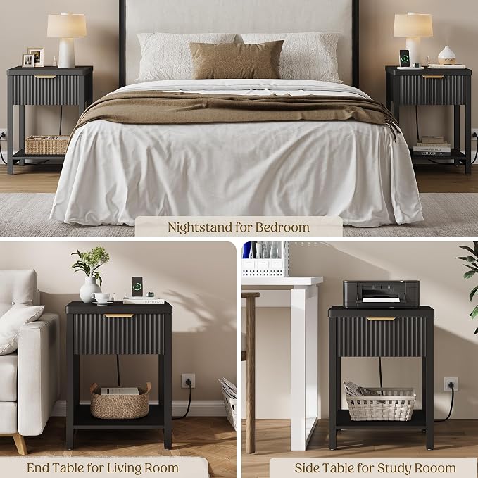 Lulive Night Stand Set 2, Fluted Nightstand with Charging Station, Wood Modern Bedside End Table with Storage Drawer for Bedroom, Save Space (Set of 2, Black) - Image 9
