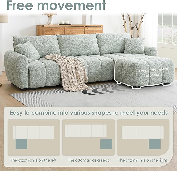 ERYE 110" L-Shaped Sectional Sofa 4 Seat Tufted Sofa Couches with Ottoman, Oversized Tufted Boucle Upholstered Corner Sectional Couch for Living Room Home Apartment