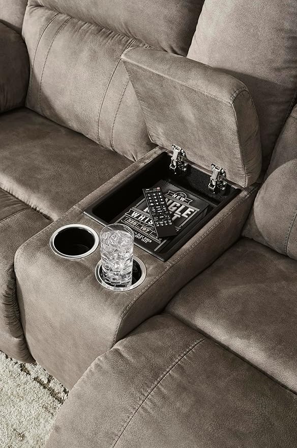 Signature Design by Ashley Laresview Contemporary Faux Leather Manual Double Reclining Loveseat with Console, Storage and Cup Holders, Gray