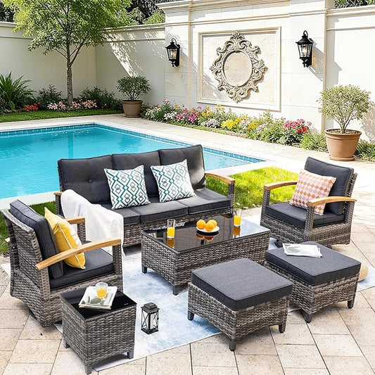 MEISSALIVVE 7 Pieces Patio Furniture Sets,Wicker Patio Conversation Sets with 2 Wood Armrests Swivel Glide Chairs, 2 Ottoman, 3-seat Sofa and Coffee Table (Grey)