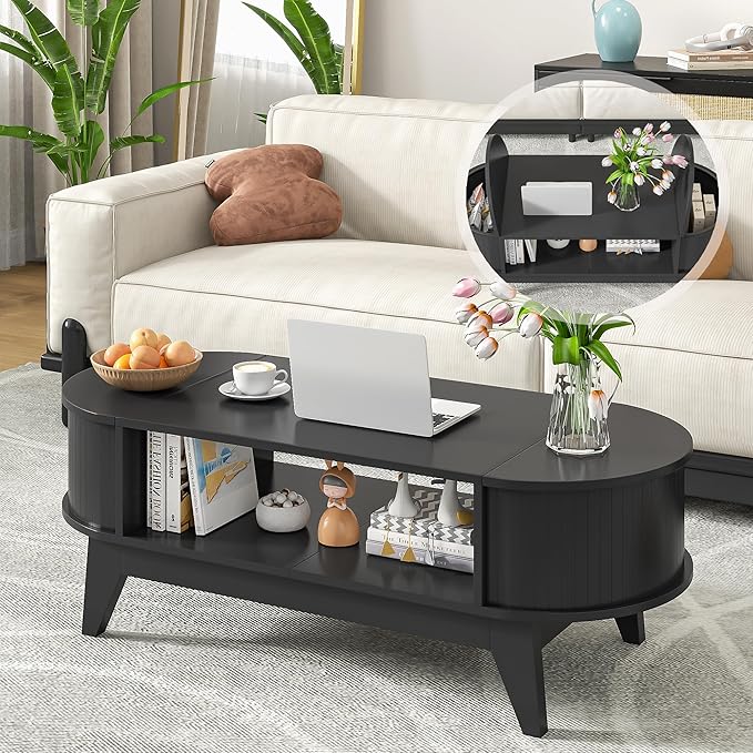 46.45'' Oval Coffee Tables for Living Room, Mid Century Modern Coffee Table with Storage, Wood Fluted Accent Center Table with Flip-Top Lids for Home,Office(Black)