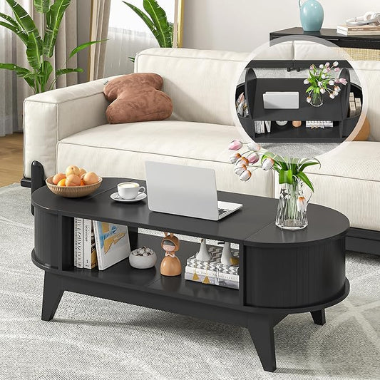 46.45'' Oval Coffee Tables for Living Room, Mid Century Modern Coffee Table with Storage, Wood Fluted Accent Center Table with Flip-Top Lids for Home,Office(Black)
