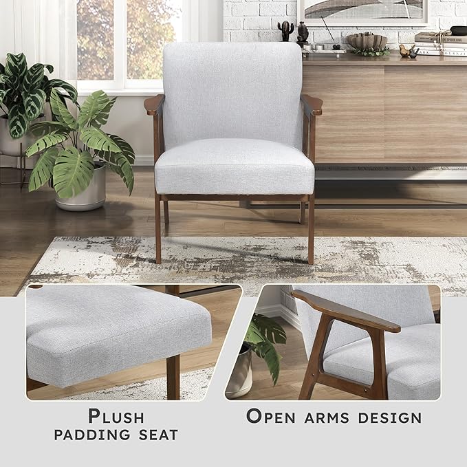 Lexicon Mid Century Modern Accent Chair, Upholstered Lounge Armchair, Single Sofa Seat, Brown Finish Solid Wood Framed Comfy Side Chairs for Living Room/Bedroom/Office/Waiting Area, Gray