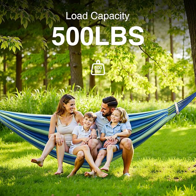 ANAGOO Double Hammock, Heavy Duty Portable, 500 lb Weight Capacity, Perfect for Both Indoors and Outdoors, 2 Person Hammock with Carrying Bag, Wide Blue - Image 2