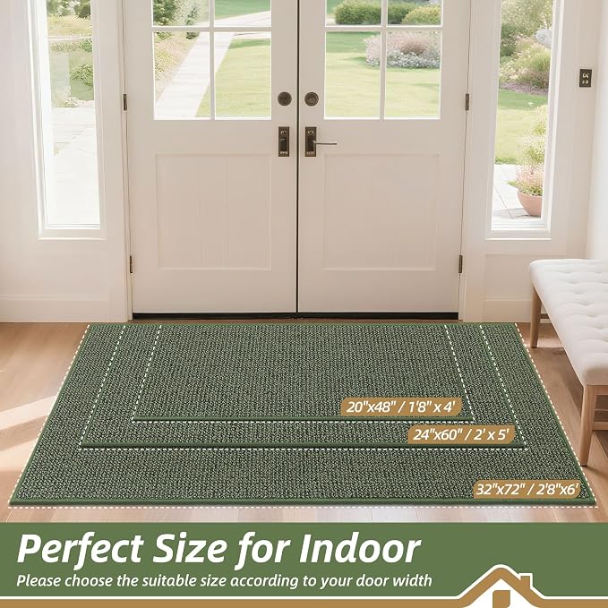 BEQHAUSE Dirt Trapper Door Mat 20" x 48", Non-Slip Washable Doormats Entrance Mat, Dirt Resistant and Absorbent Welcome Mat, Low Profile Floor Mats for Front Back Door and Entryway, Green - Image 2