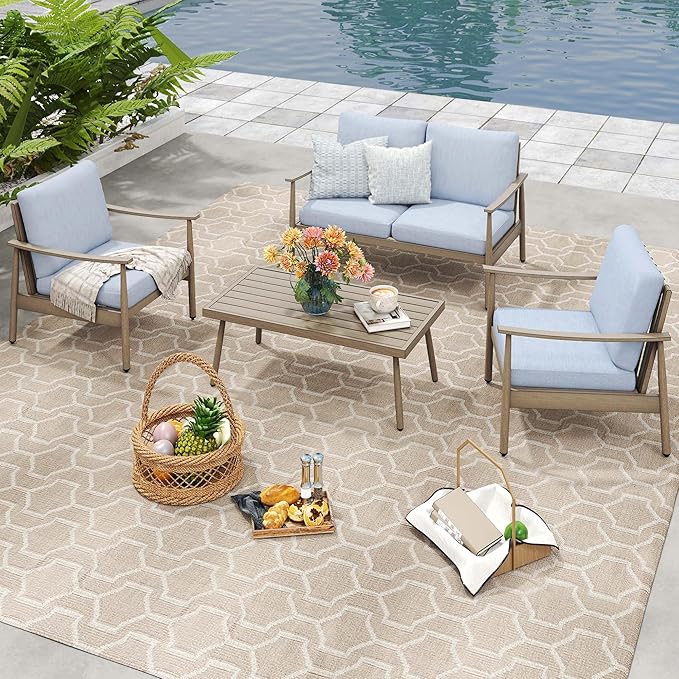 HAPPATIO Patio Outdoor Furniture Set - 4 Piece Aluminum Patio Conversation Set with 1 Coffee Table, 2 Armchairs and 1 Loveseat, Aluminum Outdoor Furniture Set for Backyard Deck Poolside (Brown)