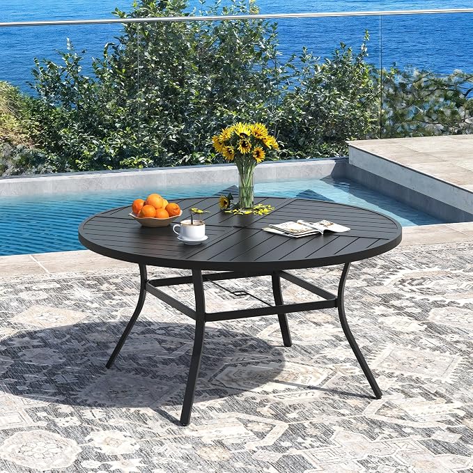 DIFY 7 Pieces Outdoor Patio Dining Set for 6, 50" Black Round Metal Dining Table and 6 Grey Stackable Textilene Patio Chairs, Outdoor Table and Chairs for Backyard Garden Poolside - Image 2