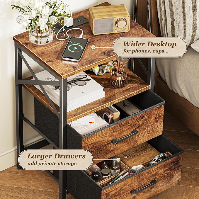 Huuger Nightstands Set of 2, Night Stand with Charger Station, 2 Drawer Side Table with Open Shelf, USB-C Port, End Table for Small Spaces, X Shaped Side Rail, Rustic Brown - Image 5