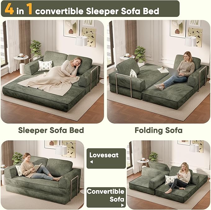 Homall 4-in-1 Convertible Sofa Bed, Oversized Boneless Couch with 4 Frame Kits and Removable Armrests, Corduroy Sleeper Sofa with 2 Pillows for Small Space, No Assembly Required (Green)
