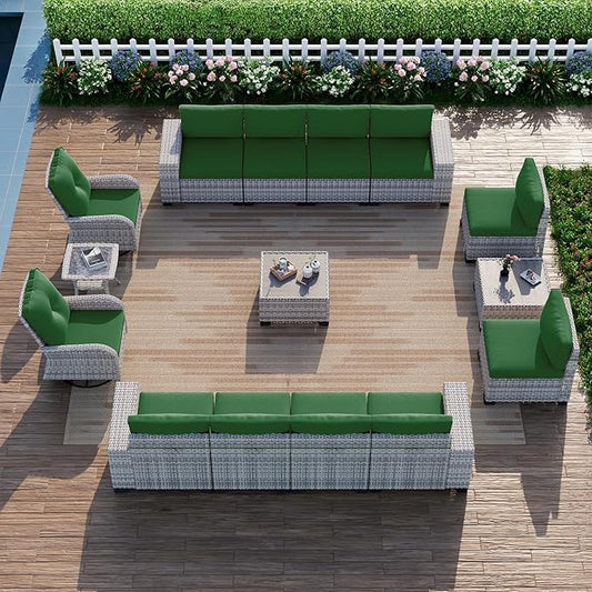 15-Piece Outdoor Patio Furniture Set with Rocking Swivel Chair Wicker Sectional Sofa Set, Patio Conversation Set with Thickened Cushions & Coffee Table for Garden, Backyard, Poolside, Green