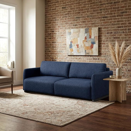 Serta® Vail 86" Convertible Sleeper Sofa, Queen Size, Wall-Hugging Dreamglide Mechanism, Dreamcoil Comfort, Boucle Fabric, Navy Blue
