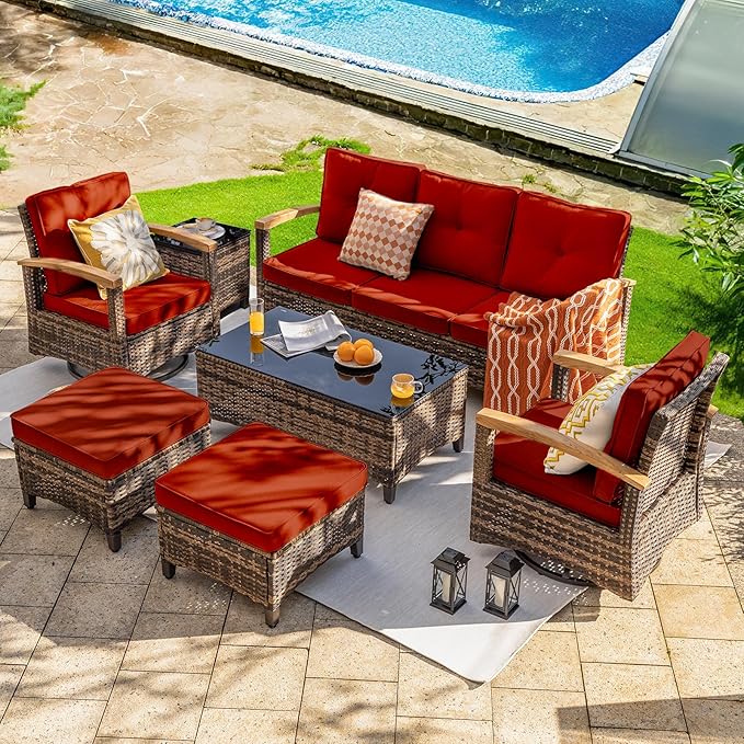 MEISSALIVVE 7 Pieces Patio Furniture Sets,Wicker Patio Conversation Sets with 2 Wood Armrests Swivel Glide Chairs, 2 Ottoman, 3-seat Sofa and Coffee Table (Red)