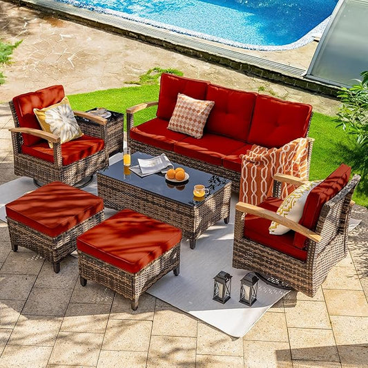MEISSALIVVE 7 Pieces Patio Furniture Sets,Wicker Patio Conversation Sets with 2 Wood Armrests Swivel Glide Chairs, 2 Ottoman, 3-seat Sofa and Coffee Table (Red)