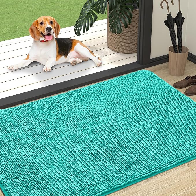 OLANLY Dog Door Mat for Muddy Paws 47x32, Absorbs Moisture and Dirt, Absorbent Non-Slip Washable Doormat, Quick Dry Chenille Mud Mat for Dogs, Entry Indoor Entryway Carpet for Inside Floor, Teal by OLANLY
