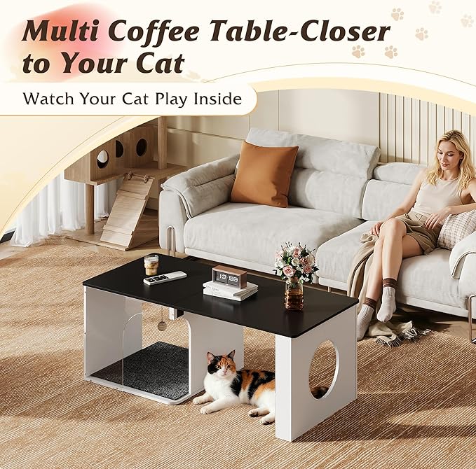 WLIVE Coffee Table, 2-in-1 Cat Wood Coffee Table with Lagre Storage Tabletop, Modern Center Table Cat House with Cat Scratching Pad, Cat Teaser for Living Room, Balcony, Black