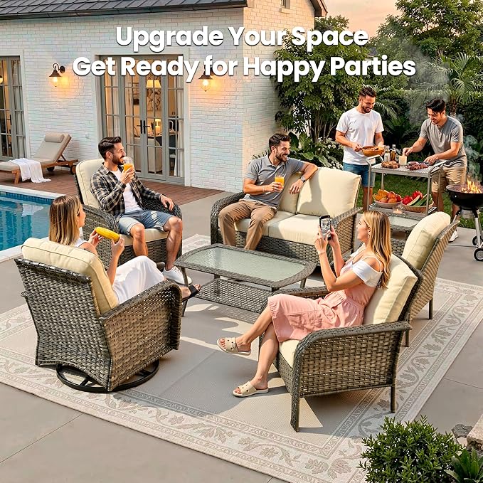 Weaxty 7 Pieces Patio Furniture Set,Wicker Outdoor Swivel Rocking Chairs,Rattan Loveseat Couch,Coffee Table,Patio Sofa Conversation Sets for Deck Backyard Porch Poolside,Beige