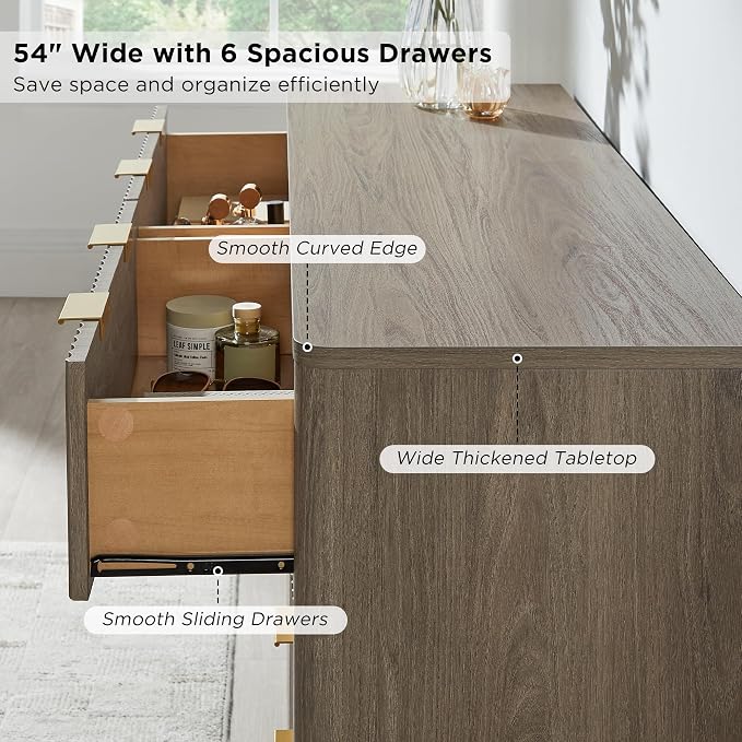 T4TREAM Fluted 6 Drawers Dresser, 54" Wide Modern Chest of Drawers, Curved Profile Design, Dresser TV Stand, Wood Drawer Organizer for Bedroom, Living Room, Hallway, Grey Alder - Image 4