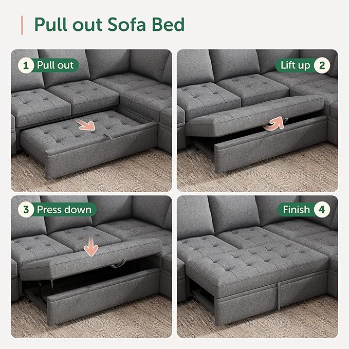HONBAY Modular Sectional Sofa with Pull Out Bed Convertible L Shaped Couch with Storage Seat Sleeper Sectional Couches for Living Room,Mid Grey