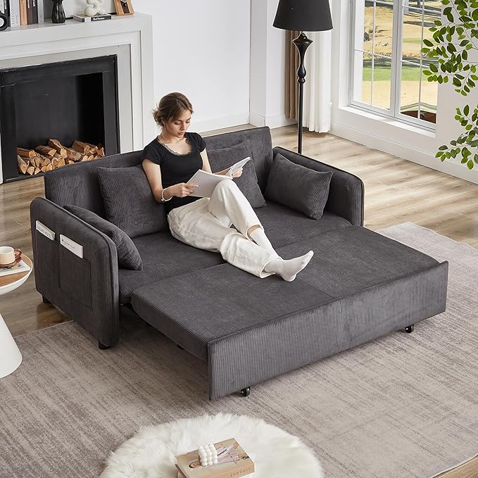 Ball & Cast 66" Convertible Sofa Bed,3-in-1 Corduroy Loveseat Sleeper Pull Out Couch Bed with Pillows and Side Pockets, Deep Seat Comfy Sofa Couches for Living Room,Apartment,Dark Grey