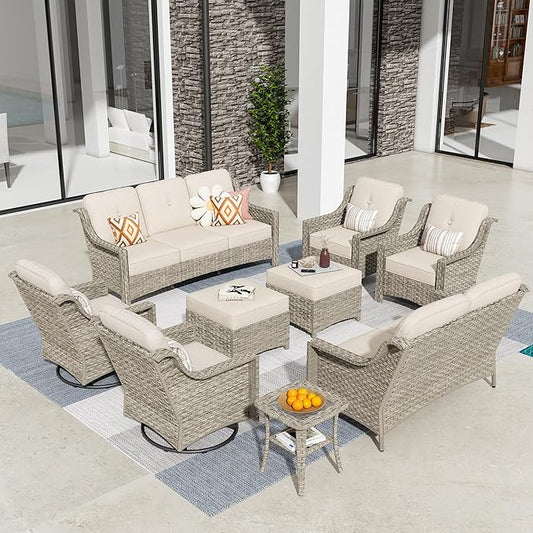 HOOOWOOO 9 Piece Patio Furniture Conversation Sets with Swivel Rocking Chairs,Outdoor Wicker Furniture with Ottoman,All Weather Resistant High Back Rattan Conversational Set(Beige Tan)