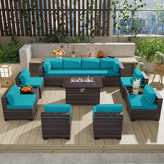 13 Pieces Outdoor Patio Furniture Set,Outdoor Sectional Furniture with 43" 55000 BTU Gas Propane Fire Pit Table,PE Rattan Wicker Patio Conversation Set with 10 Thickened Cushions,Turquoise Blue