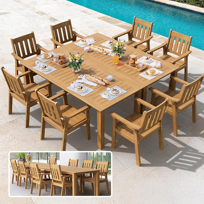 YEFU HIPS Patio Table Set: 10 Piece Outdoor Table and Chairs Dining Furniture Set with Umbrella Hole - Teak Modern Plastic Dining Sets 8 Person for Outside Deck with Metal Aluminum Frame by YEFU