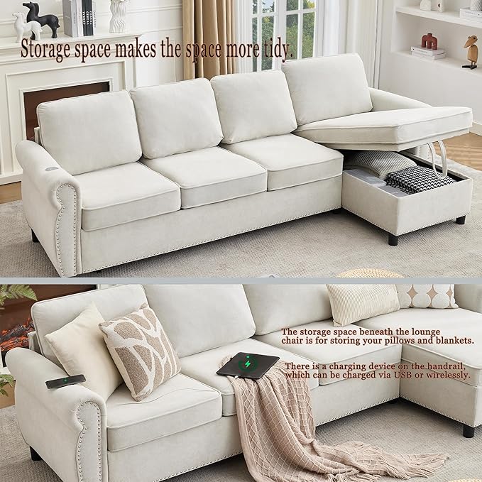 ERYE L-Shaped Reversible Sectional Sofa with Pull Out Queen Memory Mattress Sleeper Bed, 2-in-1 L-Shaped Corner Sectional Couches W/Wireless Charging, Storage Chaise Lounge