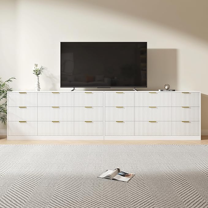 White Dresser Set of 2, Long Dresser for Bedroom Wooden with 18 Drawers, Fluted Modern Bedroom Furniture Set, TV Stand Dressers & Chests of Drawers for Closet (15.7"D x 125.8"W x 31.8"H)