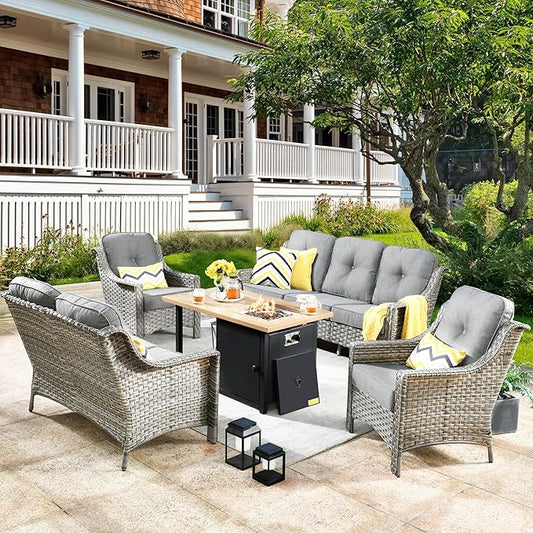 HOOOWOOO 5 Piece Patio Set with Fire Pit Table, All Weather Resistant High Back Rattan Outdoor Wicker Furniture (Dark Grey)
