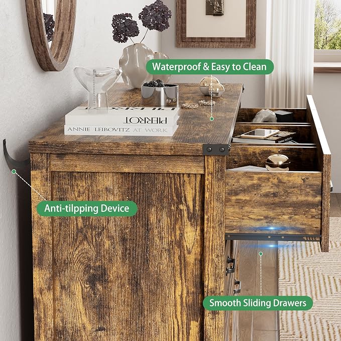 Dresser for Bedroom with 7 Drawers, 48" Wide Wood Chest of Drawers with Deep Drawers & Mental Handle, Modern Dresser TV Stand, Wooden Closet Storage Organizer for Living Room, Hallway, Entryway, Brown - Image 6