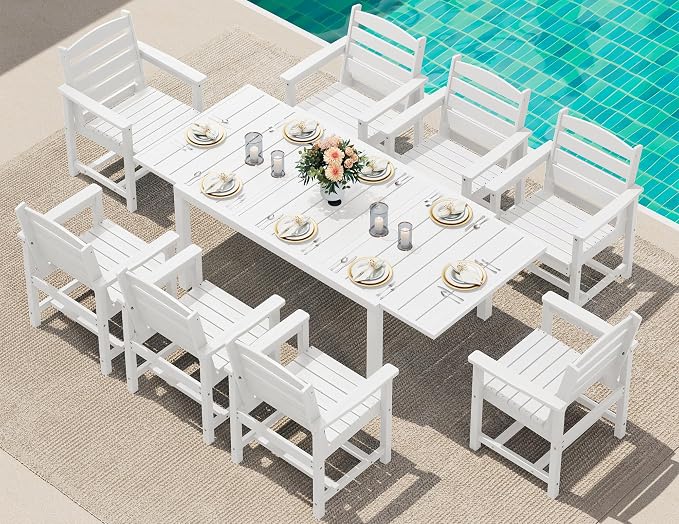 SERWALL 9-Piece Outdoor Dining Set, 60" - 83" Expandable Outdoor Dining Table and 8 HDPE Chairs, All Weather HDPE Outdoor Furniture Set for Backyard, Garden, White by SERWALL