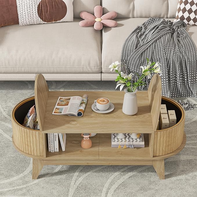 Coffee Table with 2 Hidden Storage,Mid Century Modern Coffee Table with Fluted Finish,Wood Center Tables Oval Coffee Tables with Flip-Top Lids for Living Room Home Office (Oak)