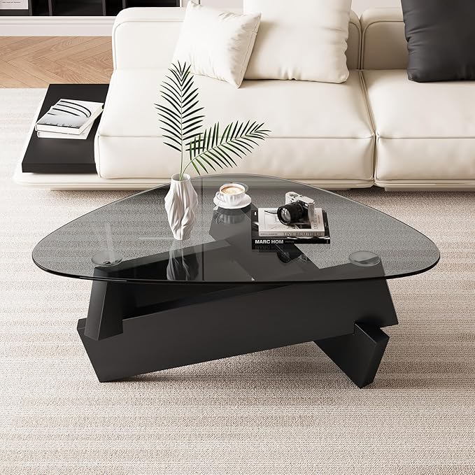 Black Coffee Table for Living Room 35.5'' x 27.5'' x 15.7'' Modern Glass Triangle Center Table with Tempered Glass Top, Cool Solid Wood Tea Table for Small Spaces & Home Office
