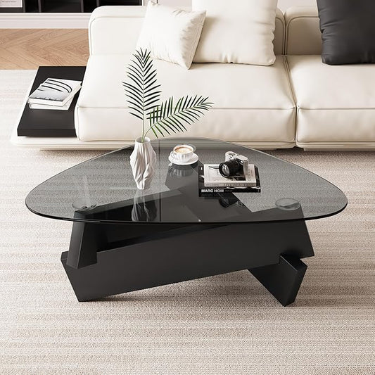Black Coffee Table for Living Room 35.5'' x 27.5'' x 15.7'' Modern Glass Triangle Center Table with Tempered Glass Top, Cool Solid Wood Tea Table for Small Spaces & Home Office