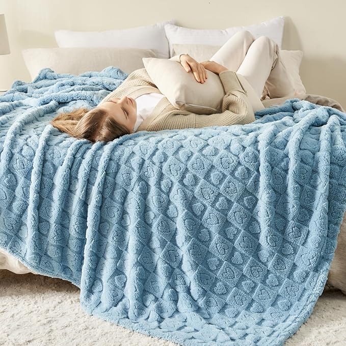 NEWCOSPLAY Super Soft King Blanket Blue Premium Silky Flannel Fleece 3D Heart Checkered Lightweight Bed Blanket All Season Use (Blue Heart, King(90"x110"))