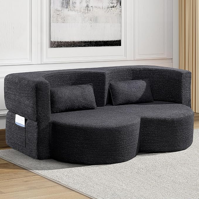 KEIKI 79" Convertible Floor Sofa Bed, Fold ‌Teddy Sleeper Cloud Couch with Storage & Deep Seat, Comfy Upholstery Curved Boneless Futon Couches, 2-in-1 Sofas for Living Room Bedroom, No Assembly, Black