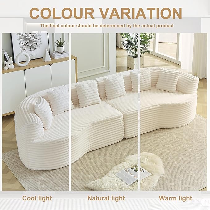 106-Inch Curved Boneless Sofa Couches Compressed 4-Seat Foam Couch for Living Room Bedroom, Boneless Modular Cloud Sofa Curved Floor Couch with 6 Pillows, No Assembly