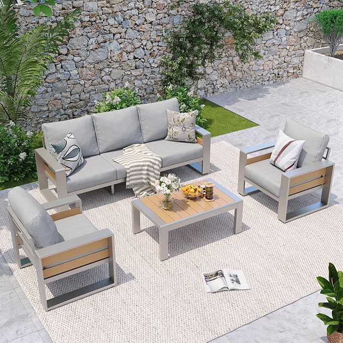 Aoxun Aluminum Patio Furniture Set, 5 Seats Luxury Metal Patio Conversation Sets with Coffee Table, 6'' Thick Cushions and 3-Seat Sofa, Modern Outdoor Furniture Set for Backyard/Poolside, Light Grey