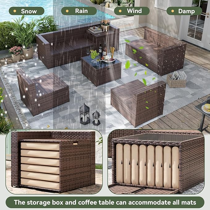 Aoxun 8 Piece Patio Furniture Set, Wicker Outdoor Furniture Set with Storage Box, Patio Sectional Set with Thickened Cushions, Waterproof Cover and 25.6" Coffee Table (Brown& Khaki)