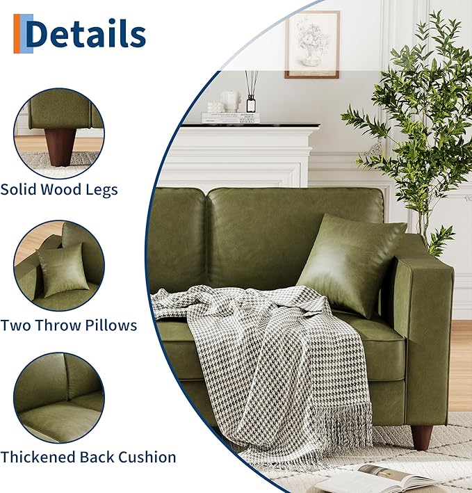 3-Seater Sofa Couch with 2 Throw Pillows, 85 Inches Faux Leather Couch with Wide Armrests, Deep Seats, Wood Legs, Back Cushion, Sturdy Support Feet, Couches for Living Room, Office, Olive Green