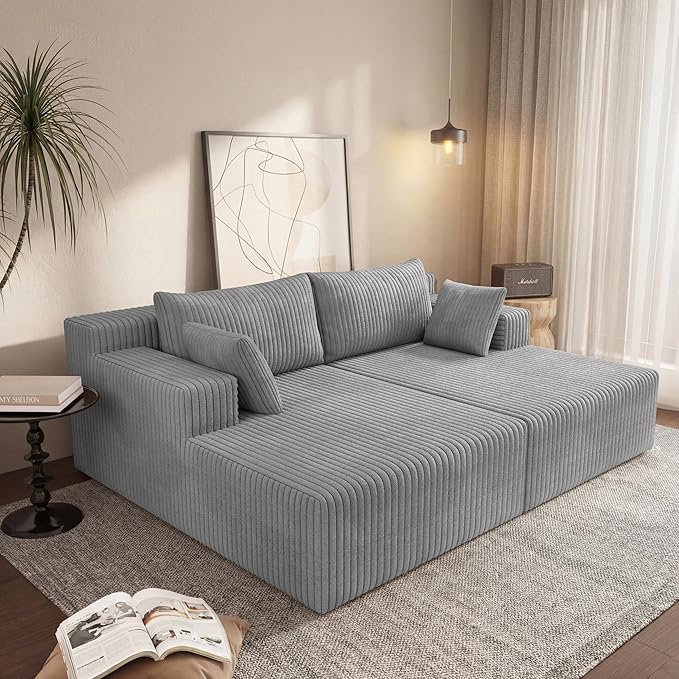 71-Inch Fluffy Corduroy Boneless Sleeper Daybed Loveseat Double Recliner Chaise Lounge Sofa Couches, Floor Cloud Sofa Chaise W/4 Pillows for Home Apartment Living Room