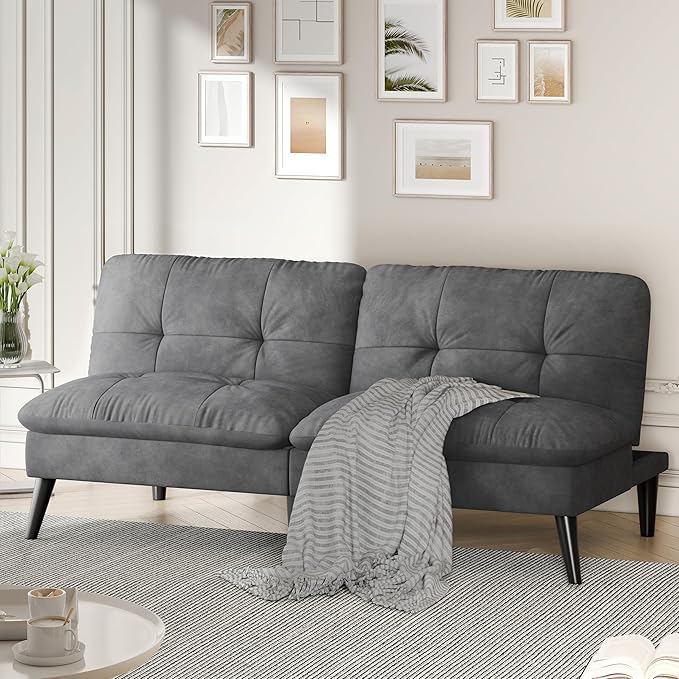 Shintenchi Convertible Futon Sofa Bed, Folding Velevt Set with Adjustable Backrest Recliner Lounge for Living Room, Apartment or Office, Solid Wood Frame, 3-Seater Sofa, Light Grey