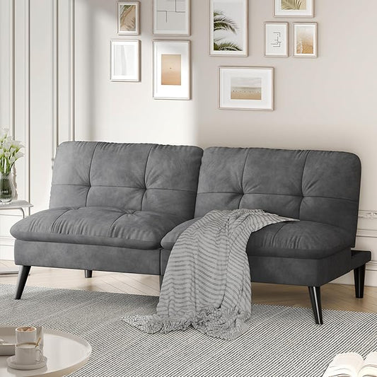 Shintenchi Convertible Futon Sofa Bed, Folding Velevt Set with Adjustable Backrest Recliner Lounge for Living Room, Apartment or Office, Solid Wood Frame, 3-Seater Sofa, Light Grey