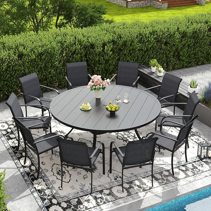 DIFY Patio Dining Set for 10, 11 Piece Outdoor Table and Chairs Set, 63" Black Round Metal Patio Dining Table and Grey Textilene Stackable Patio Chairs, for Backyard Garden Poolside by DIFY