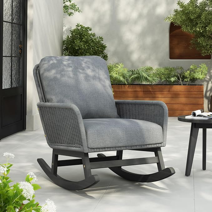 Christopher Knight Home Nadine Patio Rocking Chair, Wicker Rocker, Wood Leg Rocking Chair, PE Rattan Wicker Chair, Rocking Chair with Cushions, Comfort Wicker Rocker for Backyard Balcony Porch, Gray - Image 4