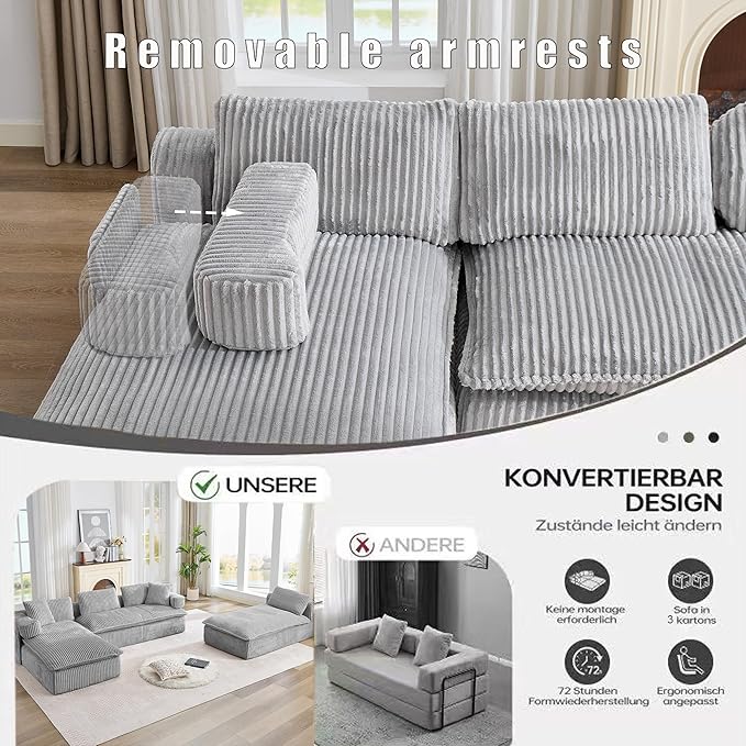149" Oversized U Shaped Cloud Modular Sectional Sofa Boneless Couch with Double Chaise,Free Combination Convertible Floor Sofa Bed with Storage Pockets and Pillows | No Assembly