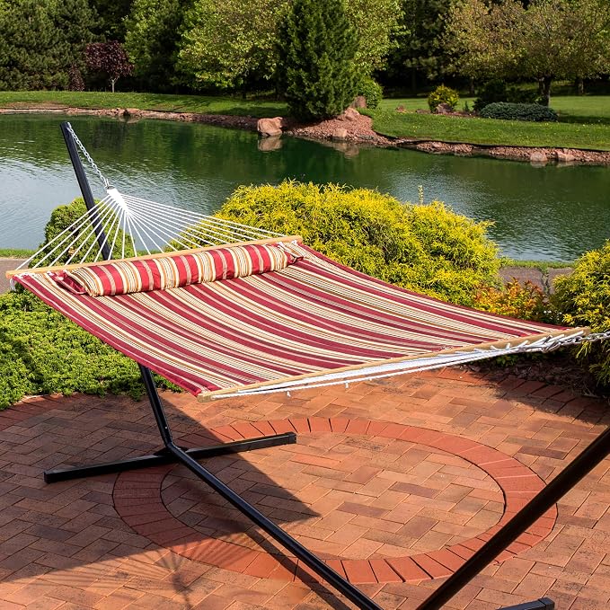 Sunnydaze Quilted Double Hammock for Outside with Spreader Bars and Pillow - 450 lb Capacity, 74x55 Inch Bed, UV Resistant, Quick Dry - Chains Included, Stand Sold Separately - Red Stripe - Image 2