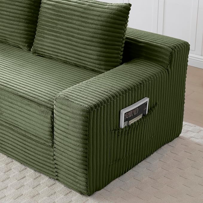 73" Convertible Sofa Bed, 2 in 1 Corduroy Folding Couch with Pillows, No Assembly Boneless Compression Sofa in Box, Loveseat with Side Storage Pocket for Apartment, Living Room, Green